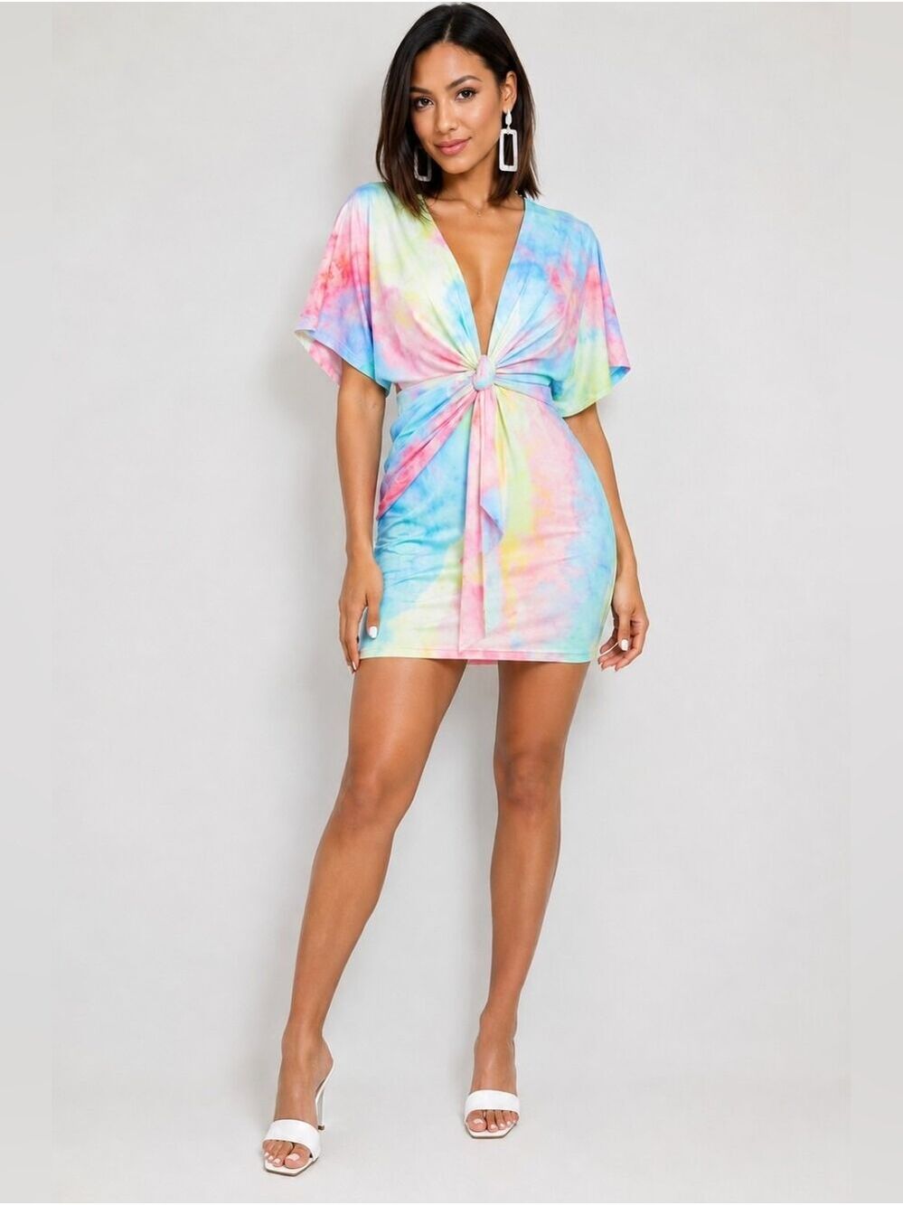 L'Atiste Tie Dye Knot Front Bodycon Dress Pastel Neon Size Small